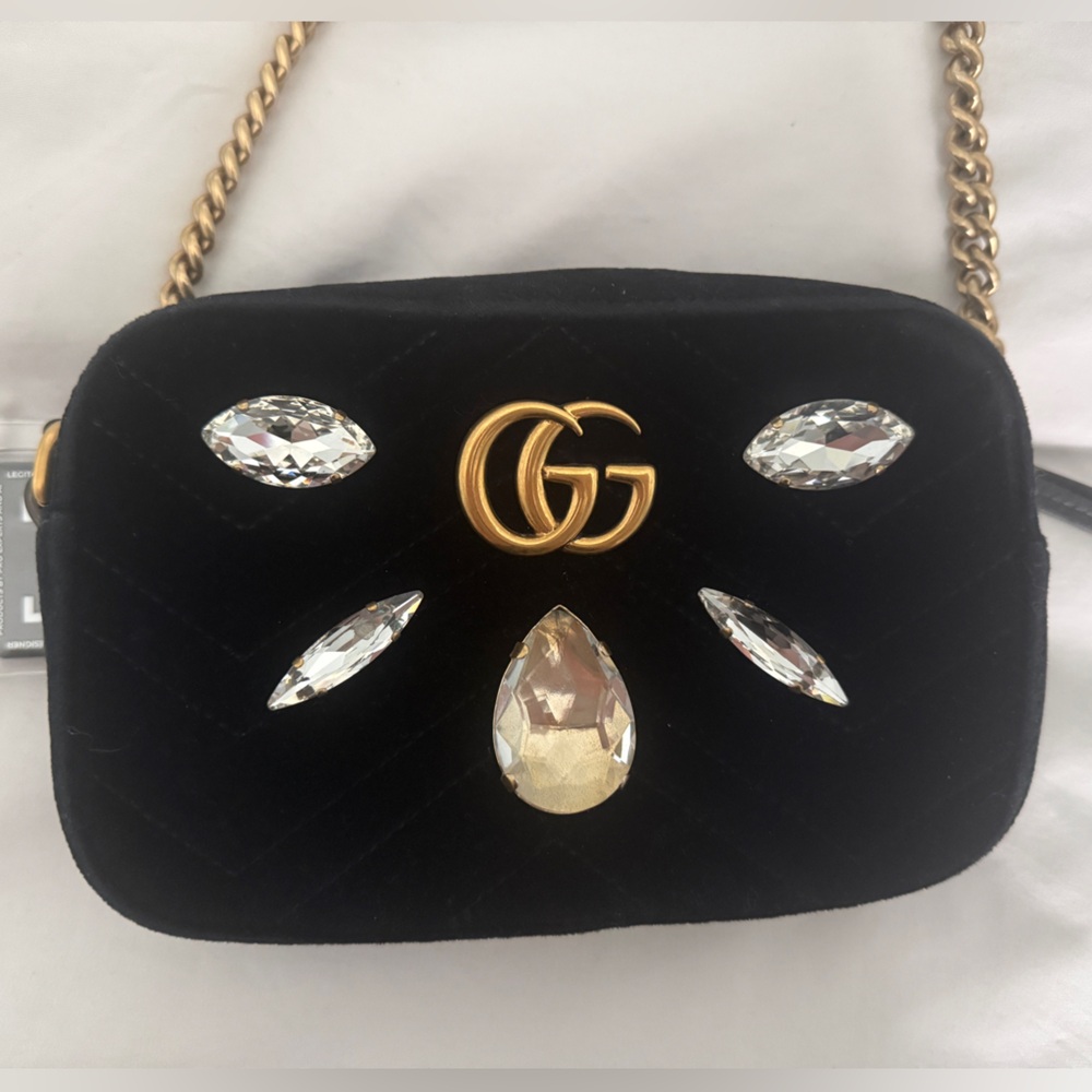 Gucci GG Marmont Velvet Crystal Embellished crossbody Bag in Black & Gold w/COA
